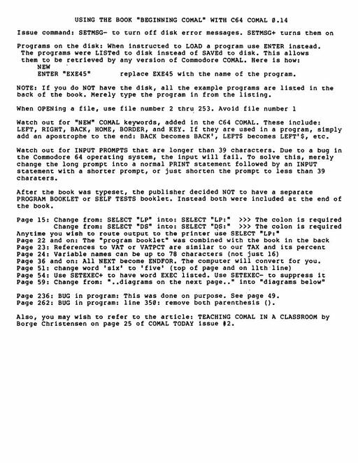 Beginning COMAL Addendum for C64 0.14