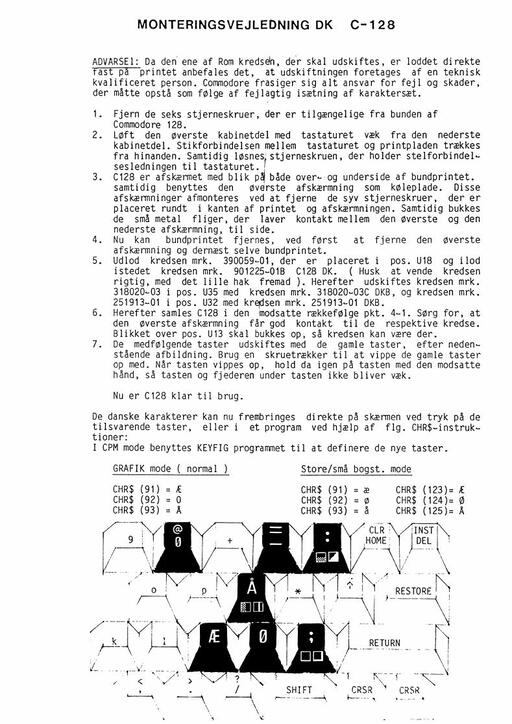 Monteringsvejledning for dansk karaktersæt til Commodore 128