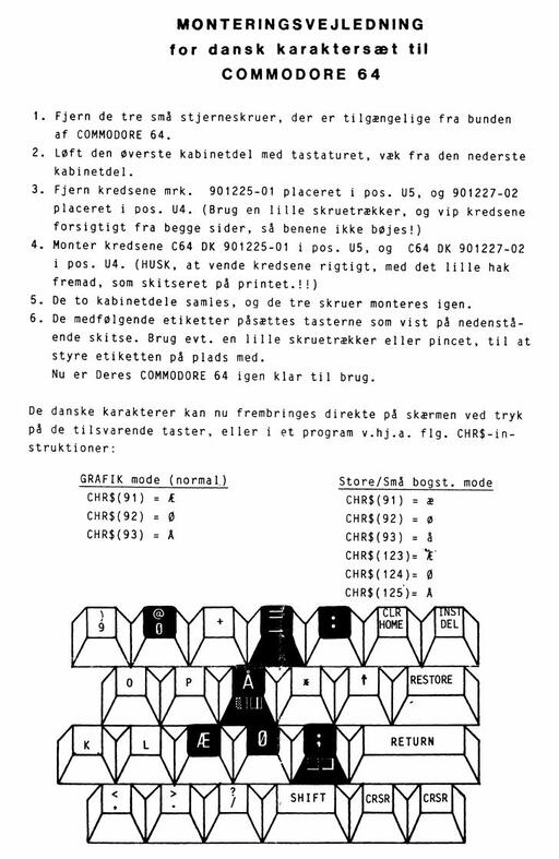 Monteringsvejledning for dansk karaktersæt til Commodore 64