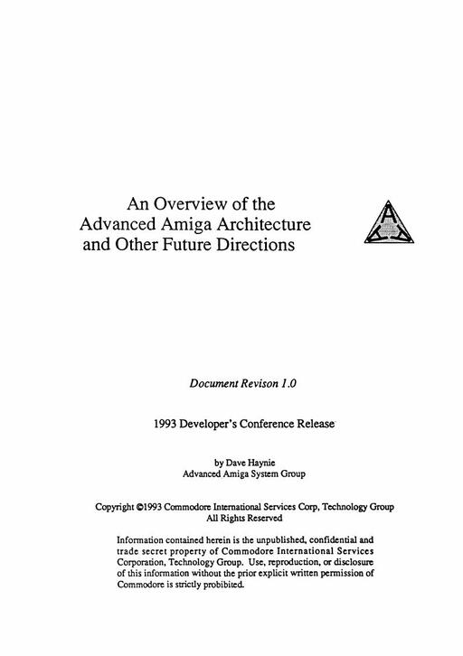 Commodore an Overview of the Advanced Amiga Architecture (AAA Chipset) 1993 Dev Con Release Document Rev1.0
